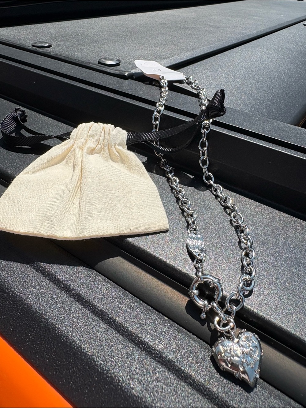 Silver Heart Charm Chain Necklace with Cream Drawstring Pouch